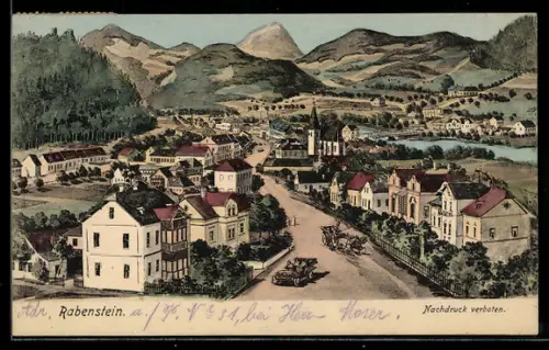 Künstler-AK Rabenstein, Panorama mit Hauptstrasse, Kirche und See