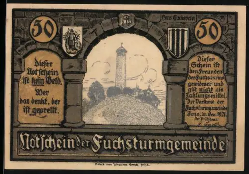 Notgeld Jena 1921, 50 Pfennig, Fuchsturm und gesellige Runde mit Bierkrügen