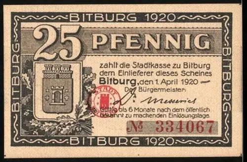 Notgeld Bitburg 1920, 25 Pfennig, Wappen und historische Stadtszene