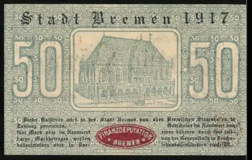 Notgeld Bremen 1917, 50 Pfennig, Rathausabbildung und rote Siegelprägung