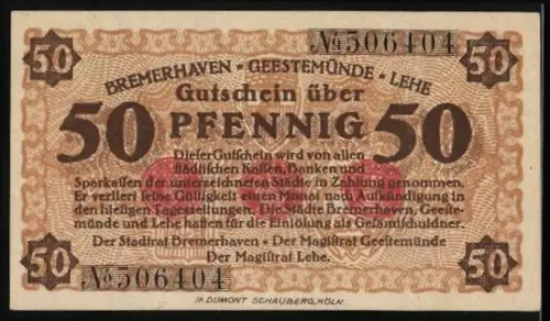 Notgeld Bremerhaven, 50 Pfennig, Schiff mit Flaggen und mit dekorativen Elementen