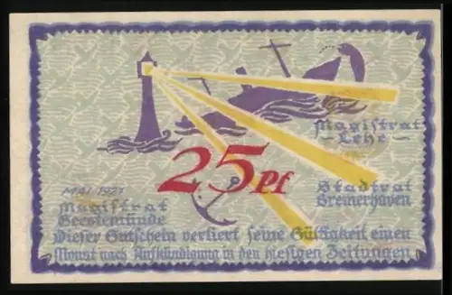 Notgeld Bremerhaven 1921, 25 Pf, Leuchtturm und Symbole mit Wappen