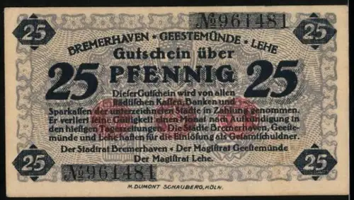 Notgeld Bremerhaven, 25 Pfennig, Segelschiff auf dem Wasser