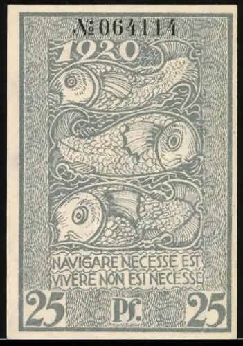 Notgeld Bremerhaven 1920, 25 Pf, Fische und lateinischer Spruch, Ortsansicht und Ornamente