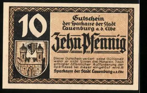 Notgeld Lauenburg a. d. Elbe, 10 Pfennig, Ortsansicht mit Schiffen auf dem Wasser