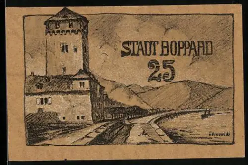 Notgeld Boppard 1920, 25 Pfennig, Burgturm und Flusslandschaft