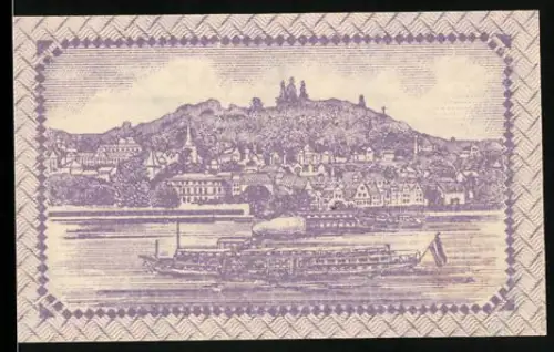 Notgeld Linz a. Rh. 1920, 25 Pfennig, Ortsansicht mit Flussdampfer und Hügel im Hintergrund