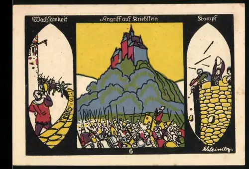 Notgeld Döbeln 1921, 50 Pfennig, Angriff auf Kriebstein, Neues Rathaus, Nikolaikirche, Wappen mit Schwertern