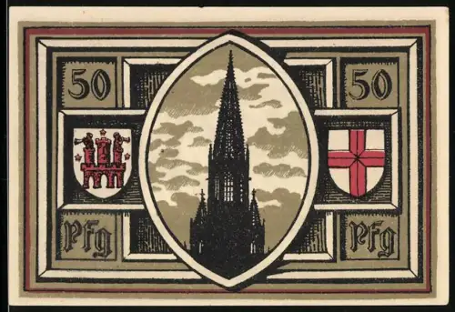 Notgeld Freiburg i.Br. 1921, 50 Pfennig, Münster und Wappenmotive