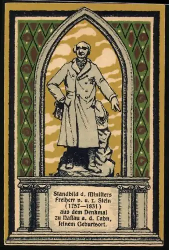 Notgeld Frücht 1922, 75 Pfennig, Standbild von Freiherr vom Stein und Wappen