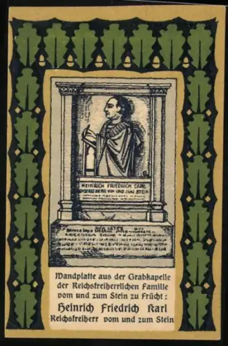 Notgeld Frücht 1922, 25 Pfennig, Wappen und Denkmal Heinrich Friedrich Karl von und zum Stein