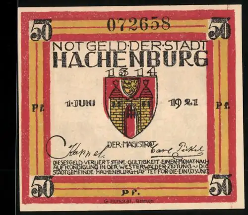 Notgeld Hachenburg 1921, 50 Pf., Wappen und Abtei Marienstatt im Wald