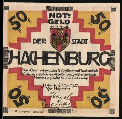 Notgeld Hachenburg 1921, 50 Pf, Stadtwappen und Schlossbogen zu Hachenburg