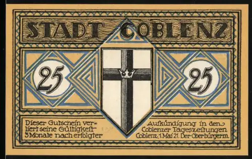 Notgeld Coblenz 1921, 25 Pf., Stadtwappen und alte Steinbrücke