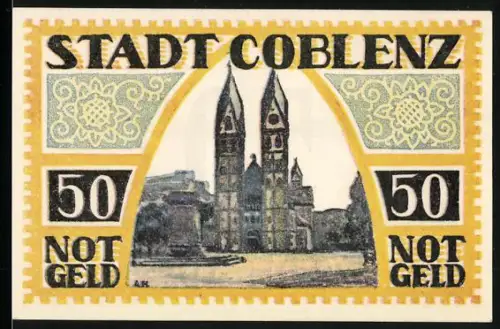 Notgeld Coblenz 1921, 50 Pfennig, Kirche und Verzierungen