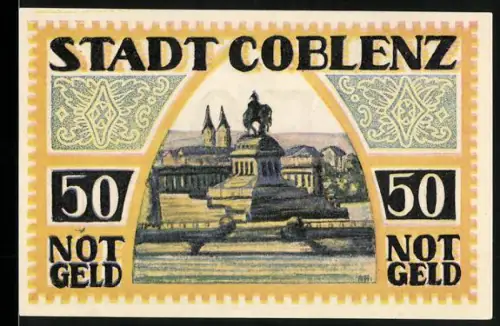 Notgeld Coblenz 1921, 50 Pfennig, Reiterdenkmal am Deutschen Eck und Stadtwappen