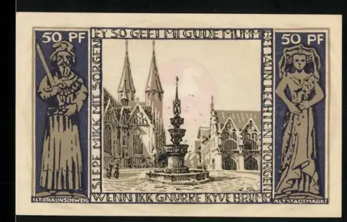 Notgeld Braunschweig 1921, 50 Pfennig, Altstadtmarkt und springendes Pferd im Wappen