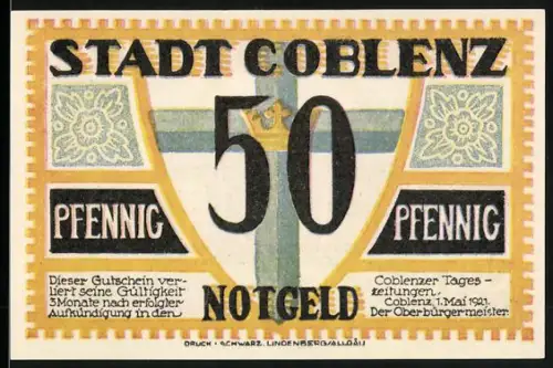 Notgeld Coblenz 1921, 50 Pfennig, Kreuz und Gebäudeansicht