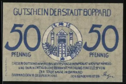 Notgeld Boppard 1920, 50 Pfennig, Ortsansicht und Wappen mit Türmen und Tor