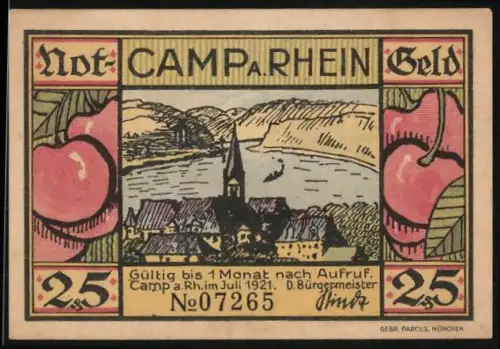 Notgeld Camp a. Rhein 1921, 25 Pfennig, Flusslandschaft mit Kirche und Dampfer