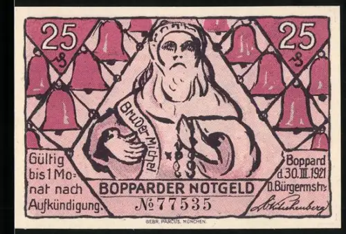 Notgeld Boppard 1921, 25 Pfennig, Bruder Michel und Spruch über Glück und Unglück