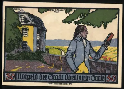 Notgeld Dornburg /Saale 1921, 50 Pfennig, Goethe und Dornburger Schlossansicht