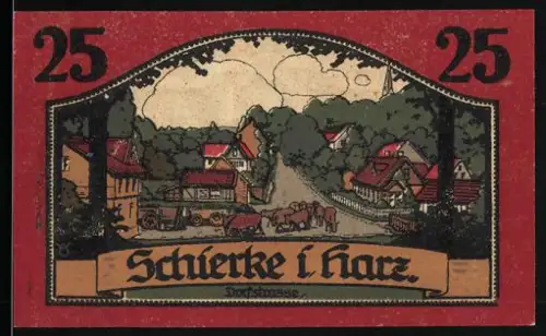 Notgeld Schierke i Harz 1921, 25 Pfennig, Ortspartie und Goethe-Silhouette