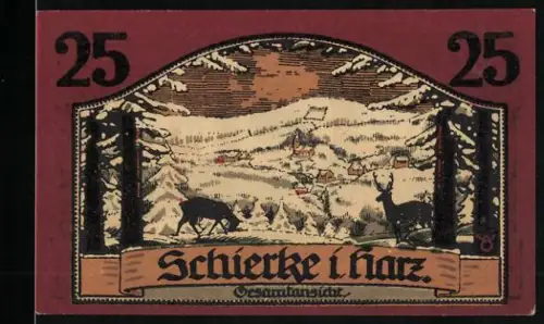 Notgeld Schierke i. Harz 1921, 25 Pfennig, Winterlandschaft mit Rehen und Goethe-Silhouette