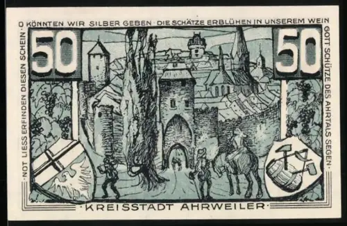 Notgeld Ahrweiler 1921, 50 Pfennig, Ortsansicht mit historischen Gebäuden und Konrad von Blankart