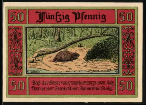 Notgeld Aken /Elbe 1921, 50 Pfennig, Biber im Wald und Wappen der Stadt Aken
