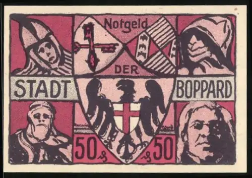 Notgeld Boppard 1921, 50 Pfennig, Wappen und historische Ortsansicht