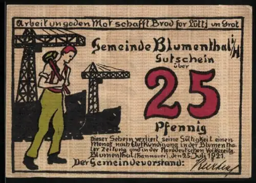 Notgeld Blumenthal i. H. 1921, 25 Pfennig, Arbeiter mit Hammer und Frau beim Kämmen von Wolle