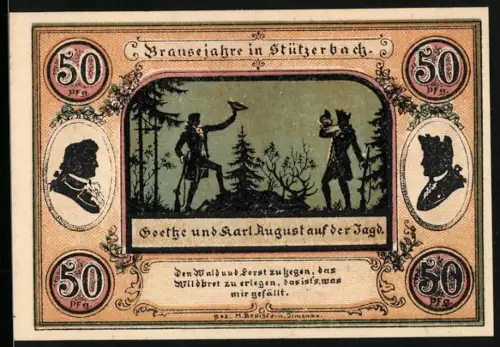 Notgeld Stützerbach /W. A. 1921, 50 Pfennig, Jagdszene mit Goethe und Karl August, Jagdschloss und Goethezimmer