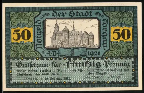 Notgeld Torgau 1921, 50 Pfennig, Ortsansicht und Ritter auf Pferd