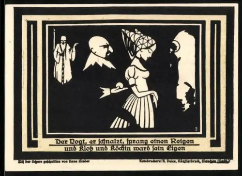 Notgeld Auerbach i.d. Vogtland 1921, 75 Pfennig, Wappen und Scherenschnitt-Szene mit Figuren