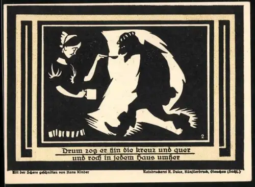 Notgeld Auerbach i. V. 1921, 50 Pfennig, Silhouette von Frau und Mann mit Horn, Wappen in der Mitte