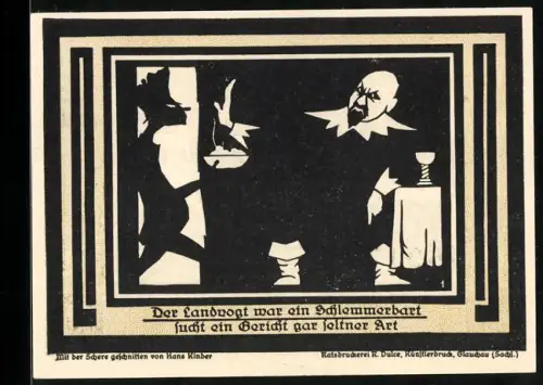 Notgeld Auerbach i. Vogtland 1921, 50 Pfennig, Wappen und Scherenschnitt-Szene mit Landvogt