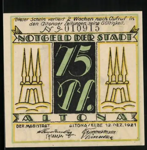 Notgeld Altona /Elbe 1921, 75 Pfennig, drei Türme und karikierter Mann mit Blume und Vogel