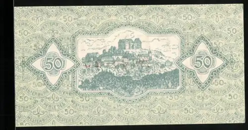 Notgeld Westerburg 1920, 50 Pfennig, Ortsansicht mit Burg und Ornamenten