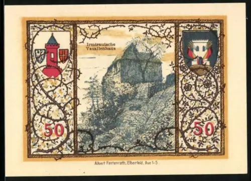 Notgeld Westerburg 1920, 50 Pfennig, Irmtrautische Vasallenhaus mit Wappen