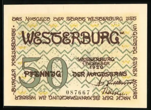 Notgeld Westerburg 1920, 50 Pfennig, Hallenkirche und Stadtwappen