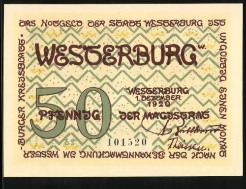 Notgeld Westerburg 1920, 50 Pfennig, Schloss und zwei Wappen mit Türmen