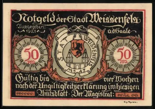 Notgeld Weissenfels a.d. Saale 1921, 50 Pfennig, Wappen und Schuster bei der Arbeit mit Schuhen und Werkzeugen