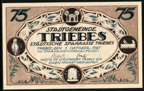 Notgeld Triebes 1921, 75 Pfennig, Industrieausstellung mit Symbolen von Handwerk und Handel