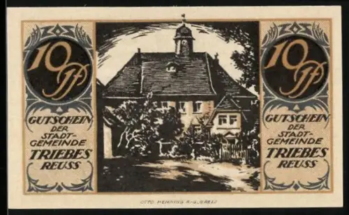 Notgeld Triebes /Reuss 1921, 10 Pf, Gebäude mit Turm und dekorative Ornamente