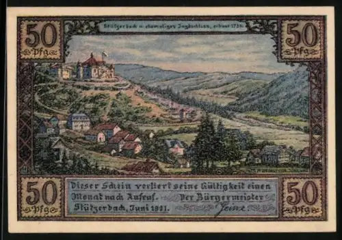 Notgeld Stützerbach /W.A. 1921, 50 Pfennig, Landschaft mit Jagdschloss und Tanzszene mit Goethe und Karl August