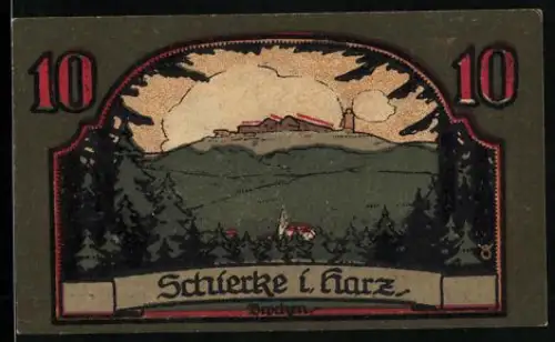 Notgeld Schierke i. Harz 1921, 10 Pfennig, Landschaft mit Burg und Goethe-Motiv