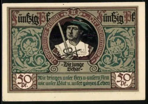 Notgeld Rothenburg ob der Tauber 1921, 50 Pfennig, junger Mann mit Schwert und historische Soldaten