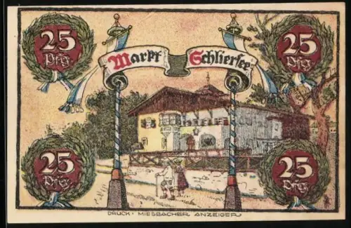 Notgeld Schliersee 1921, 25 Pfennig, Gebäude und Wappen mit historischer Figur