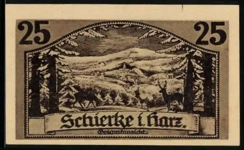 Notgeld Schierke i. Harz 1921, 25 Pfennig, Landschaftsansicht und Goethe-Silhouette